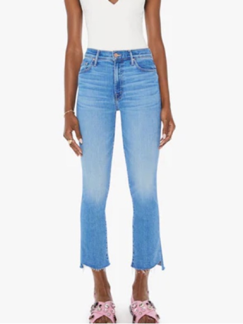 Mother The Insider Crop Step Fray Light Blue High-Rise Cropped Flare Jeans 28